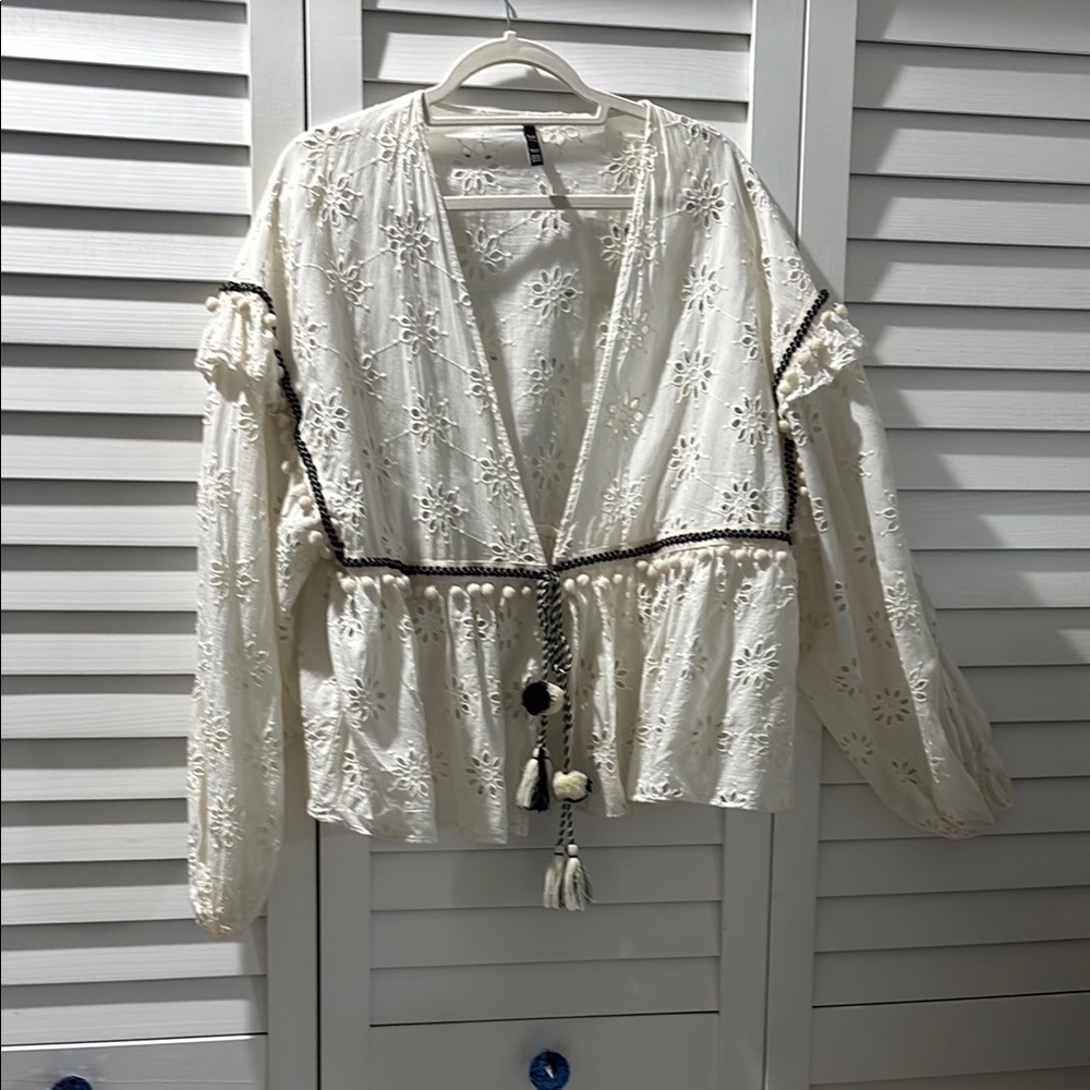 Zara Cream Long Sleeve Tie Front Blouse